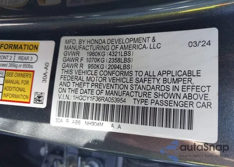 2024 Honda Accord Ex z USA, uszkodzony, nr VIN 1HGCY1F36RA053954